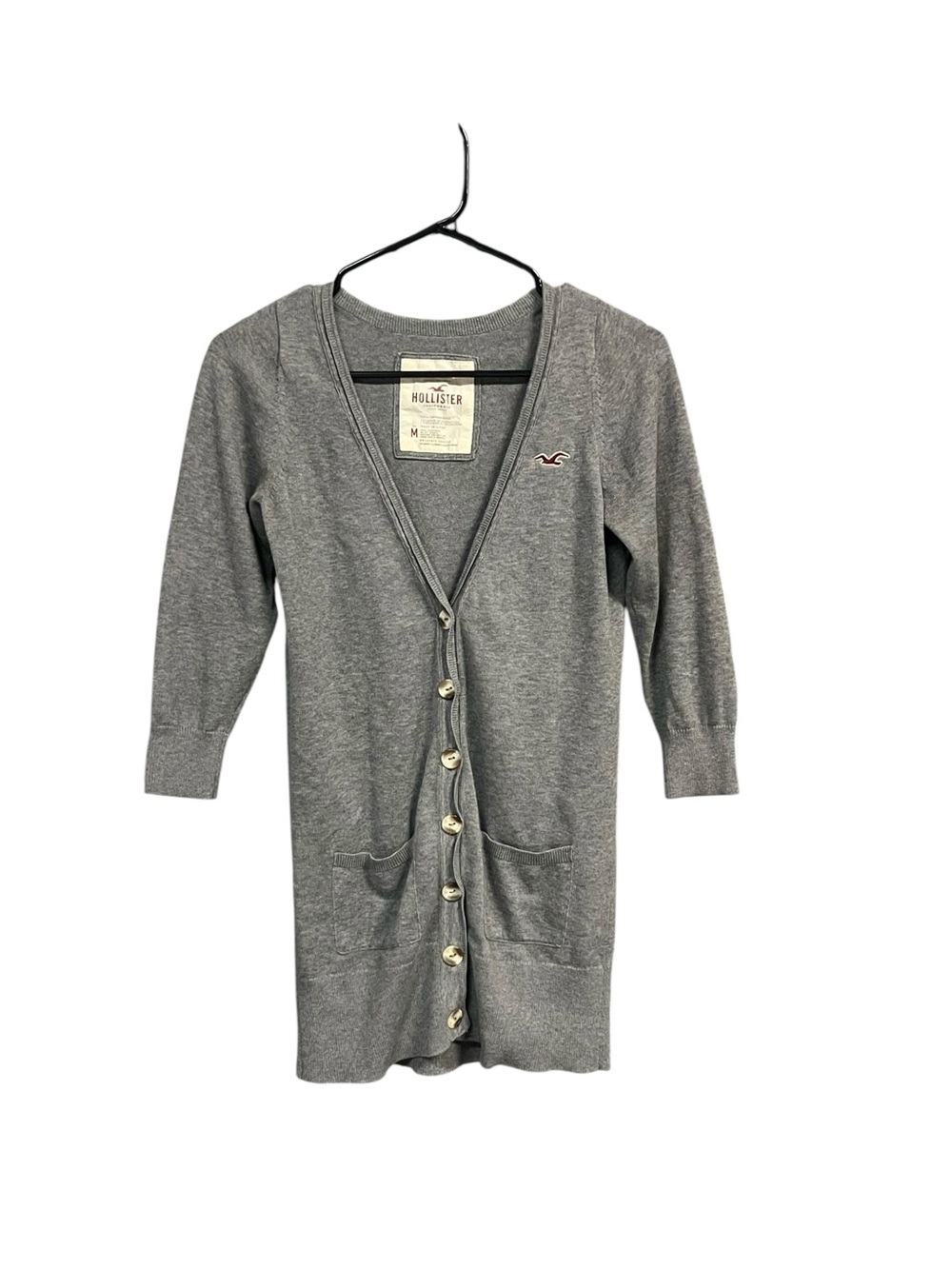 Hollister Cardigan Women M Gray Y2K 100% Cotton Longline Preppy Normcore